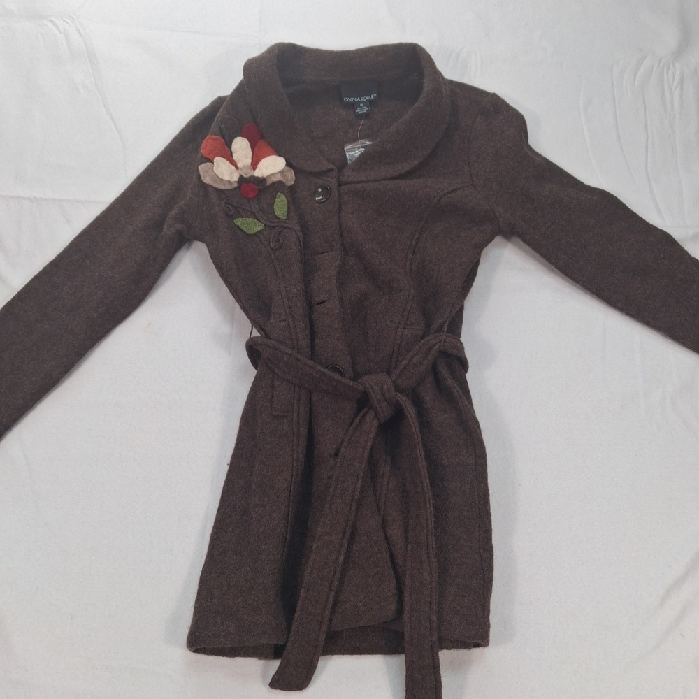 Cynthia Rowley Wool Coat Womens M Brown Belted Floral Applique NEW